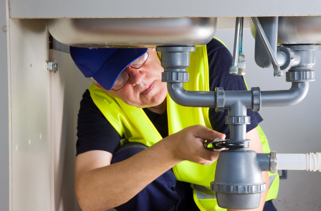 Professional UK plumber installing pipes with tools and PPE, representing a trusted local plumbing business